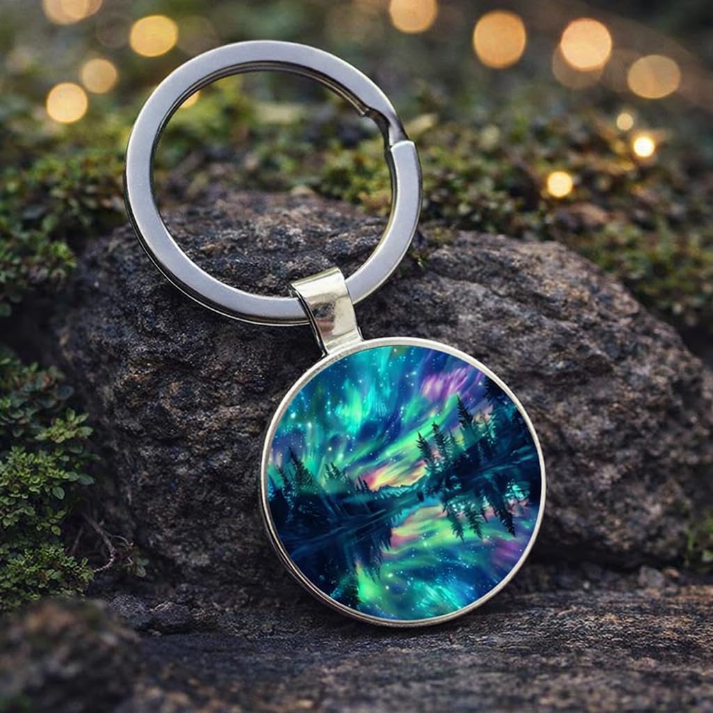 SUPAC Mountain Sunset Stained Glass Art Keychain, Nature Scene Design, Round Pendant (Aurora Borealis)