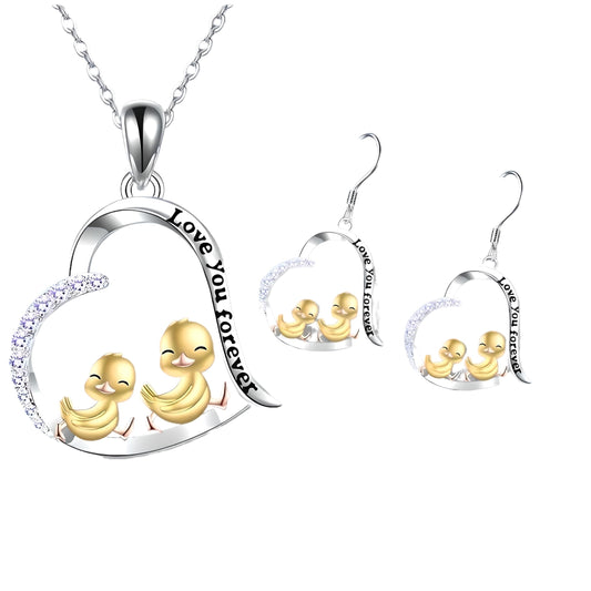 SUPAC Unique Heart-Shaped Duckling Pendant Necklace - Get Your Ducks in a Row! Forever in my heart -Exquisite Rhinestones, Plated White K Alloy, Fashionable Birthday Graduation Gift for Her