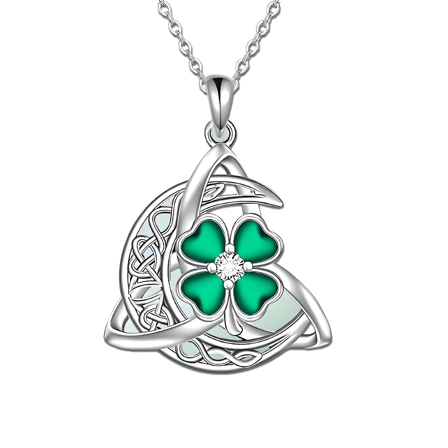 Celtic Trinity Knot Four Leaf Clover Necklace, Sterling Silver, Green Enamel