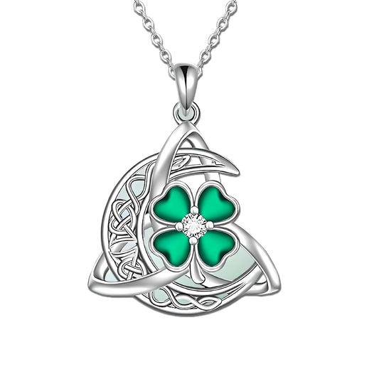 Celtic Trinity Knot Four Leaf Clover Necklace, Sterling Silver, Green Enamel