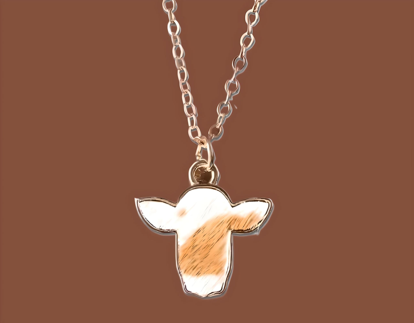 SUPAC Cow Print Pendant Necklace, Gold Chain, Black and White Enamel, Western Style - Cowhide Hair