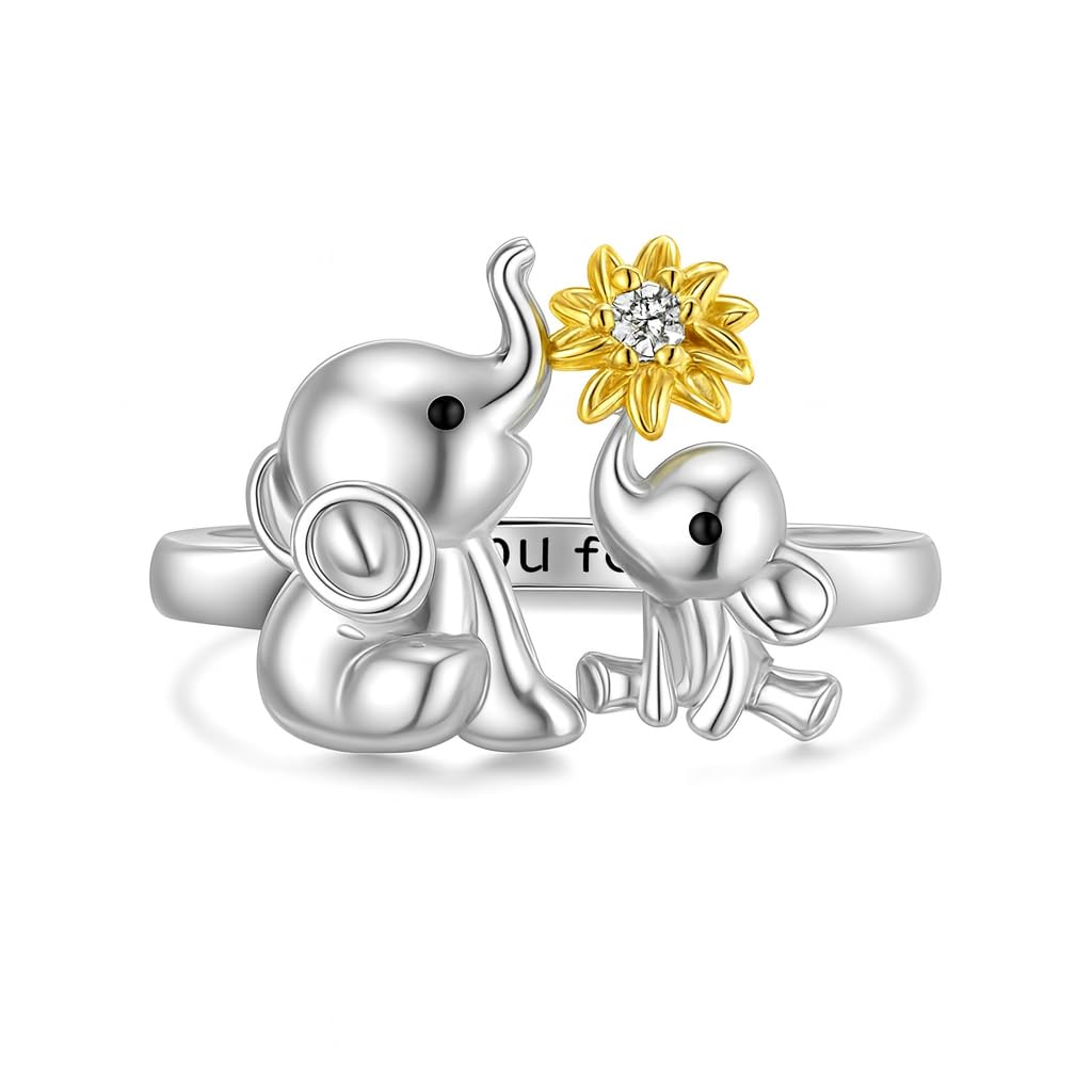 Elephant with Flower Stainless Steel Ring - Cute Flower Design, Stainless Steel - Elephant Jewelry Gift