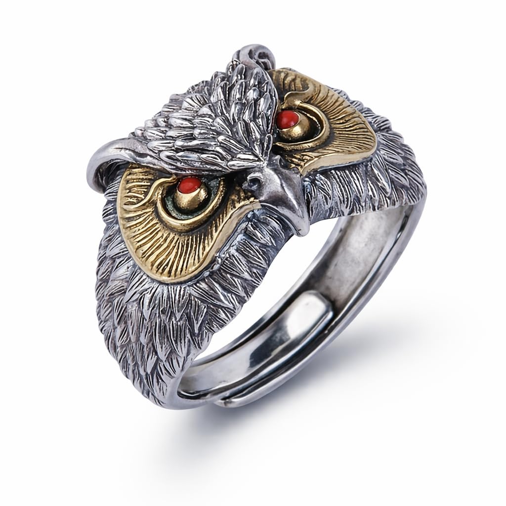 SUPAC Vintage Owl Ring with Turquoise Eyes, Two-Tone Silver and Gold Finish, Detailed Feather Design, Adjustable Size