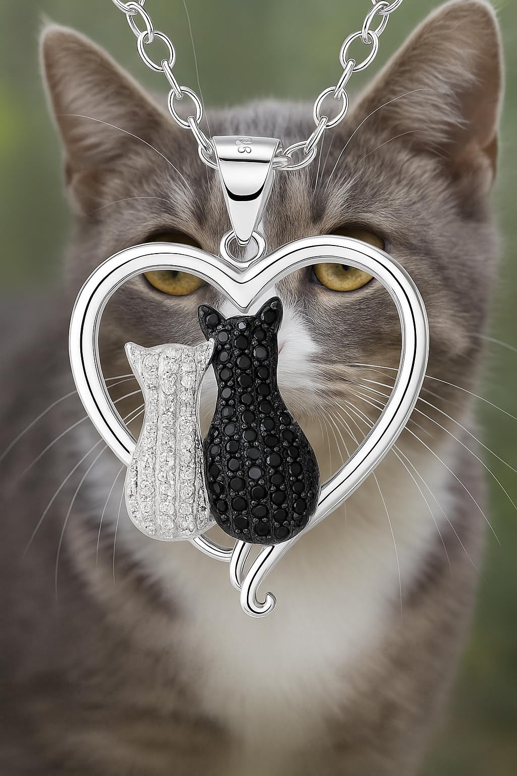 Stainless Steel Cat Moon Heart Star Flower Necklace with Crystal Pendant, 8 Designs - Cute Heart Necklace, With Black Cats, Charming in Rose Gold - Stylish Gift for Women & Party Accessory (Black and Silver Cat Bond)
