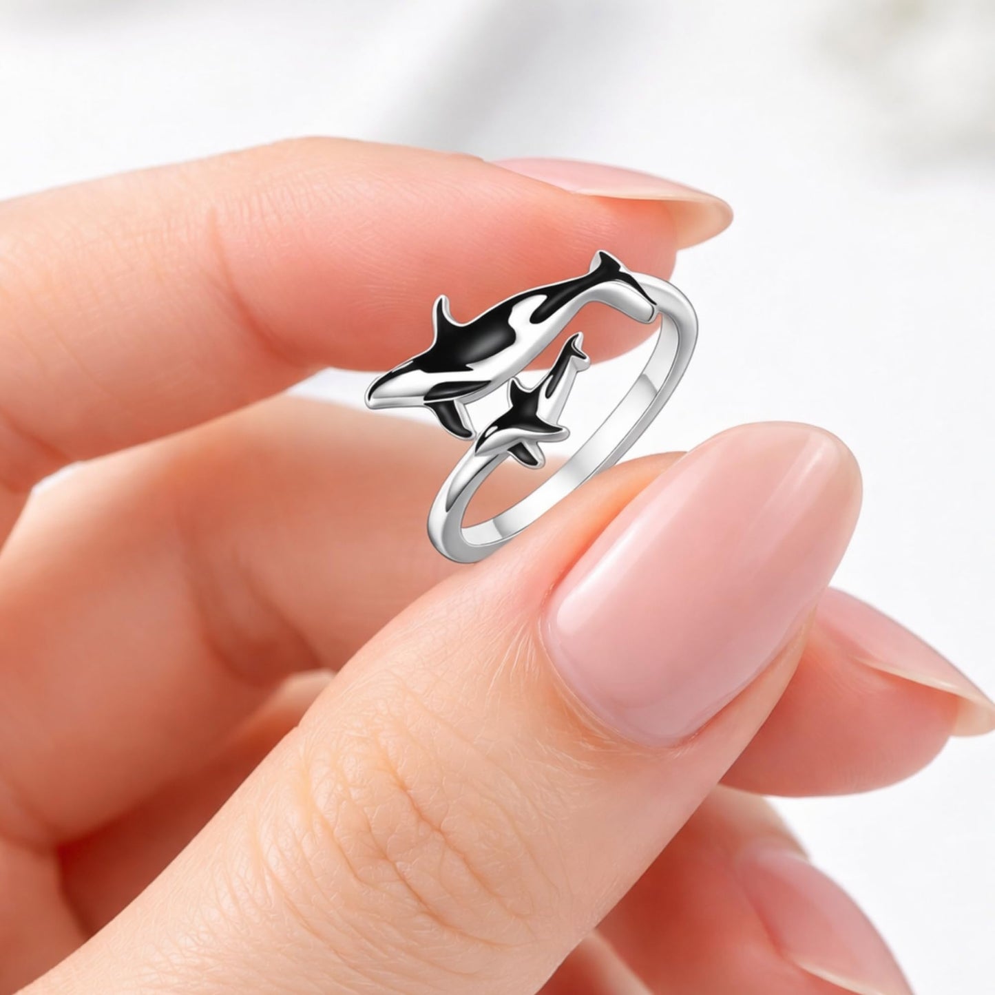 SUPAC Stainless Steel Orca Whale Ring, Adjustable Size, Black and Silver - Shamu Gift