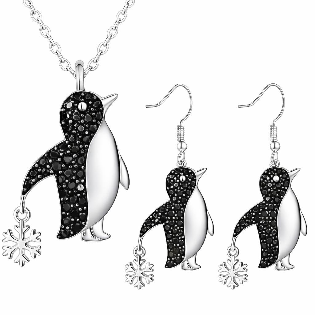 SUPAC Crystal Penguin Jewelry Set, Silver Necklace and Earrings with Snowflake Charm, Black - Gift for Penguin Lovers