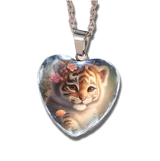 Heart Shaped Tiger Pendant Necklace with Floral Design - Holiday, Brithday, or Christmas Gift