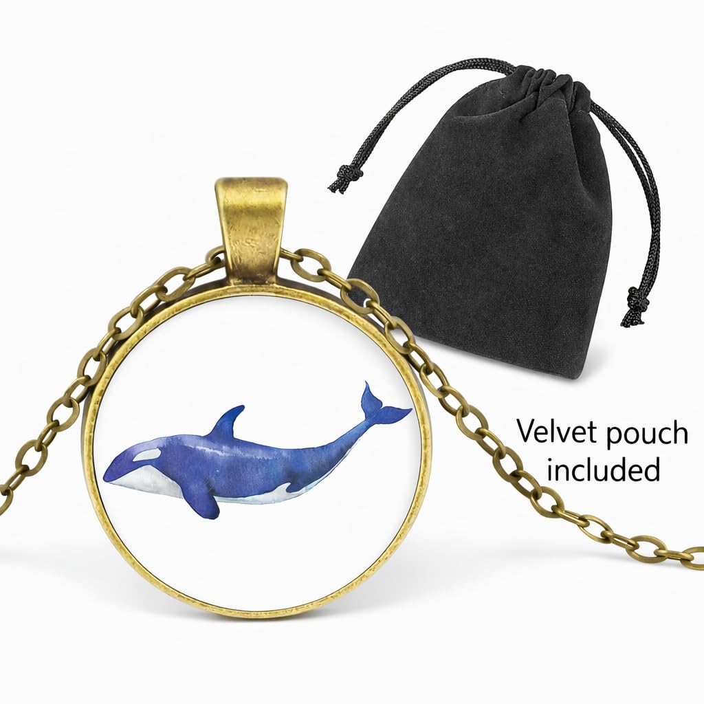 SUPAC Orca Whale Pendant Necklace, Bronze Plated Stainless Steel, Round Glass Cabochon, Hypoallergenic, Shamu Gift - Water Resistant, 19.7 Inch Chain