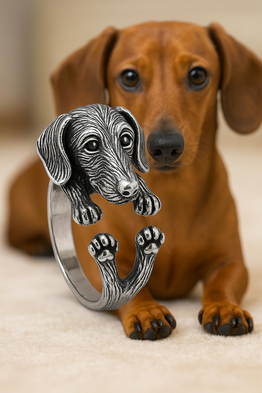 SUPAC Adjustable Silver Dog Ring, Westie Terrier and Bulldog Design, Fashion Jewelry (Silver Dachshund)