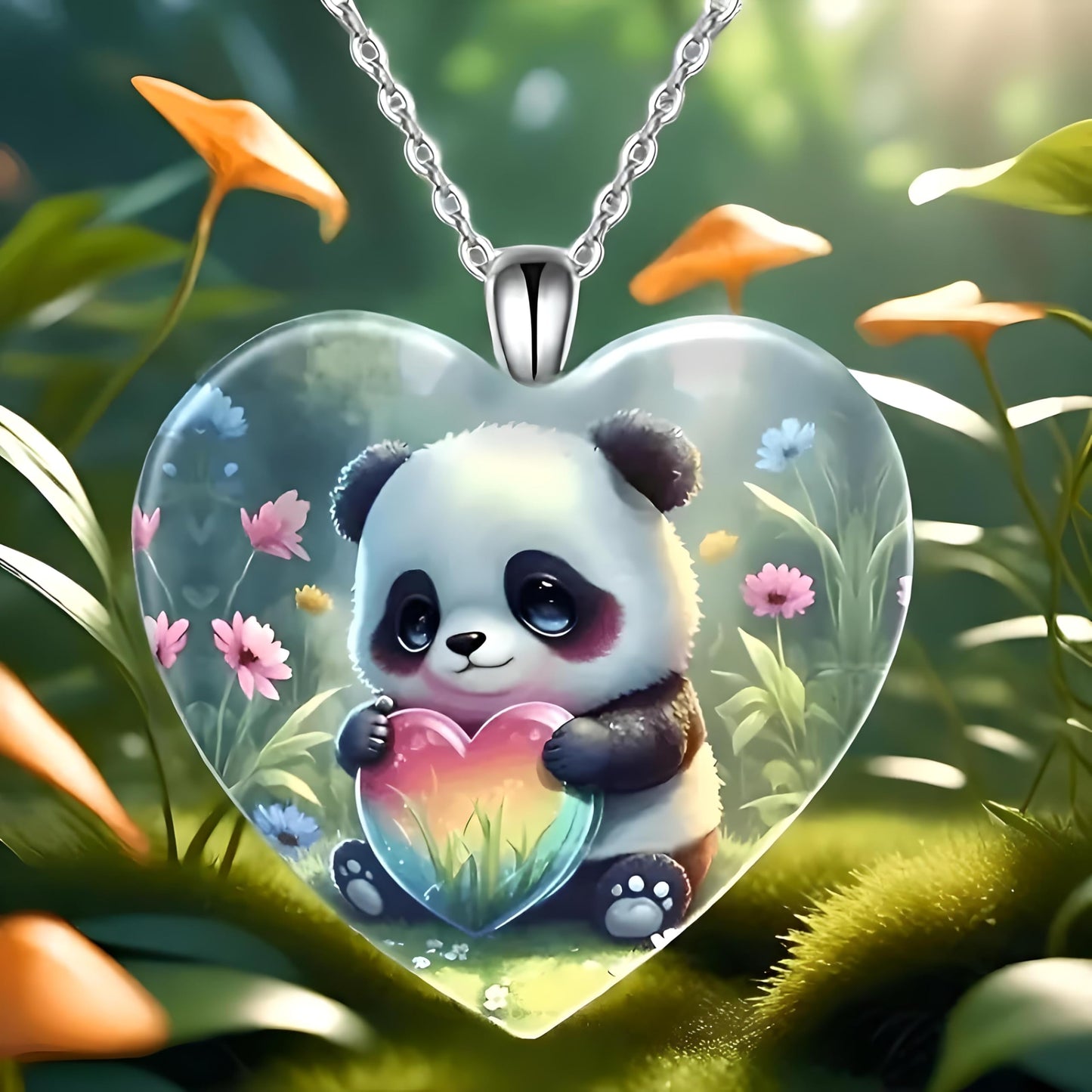 Cute Panda Holding Fireflies in Heart-Shaped Pendant Necklace, Stainless Steel Necklace with Glass Pendant, (Green and Blue Options) 'I Love you Today, Tomorrow, Always' Engraved - Christmas, Holiday, or Birthday Gift (Green)