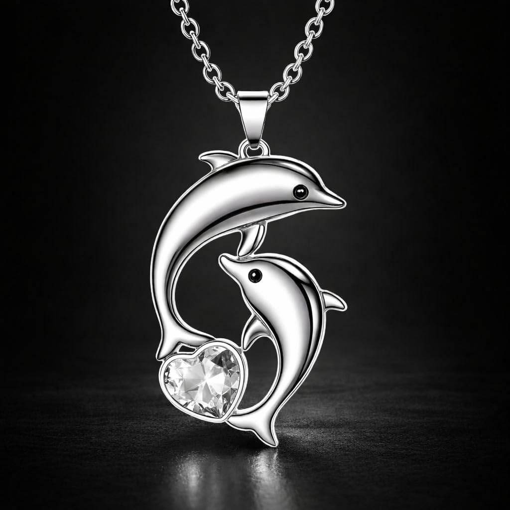 SUPAC Fashion Dolphin Necklace Heart-shaped Cubic Zirconia Decor Pendant Necklace, Cute Animal Dolphin Accessories - Christmas, Birthday Gift