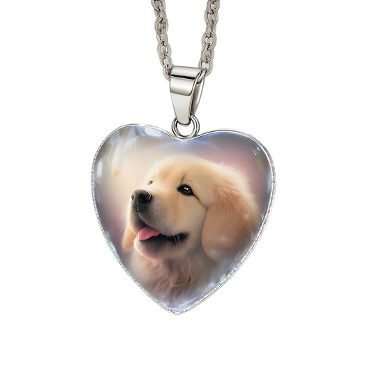 Heart-Shaped Pendant Necklace with Different Animals - Panda, Horse, Deer, Cat, Elephant, Dog Scenic Views, Stainless Steel Necklace with Glass Pendant - Christmas, Holiday, or Birthday Gift (Golden Retriver)