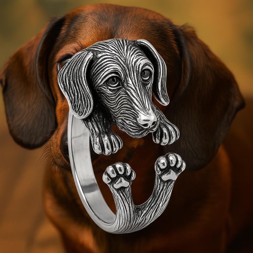 SUPAC Adjustable Silver Dog Ring, Westie Terrier and Bulldog Design, Fashion Jewelry (Silver Dachshund)