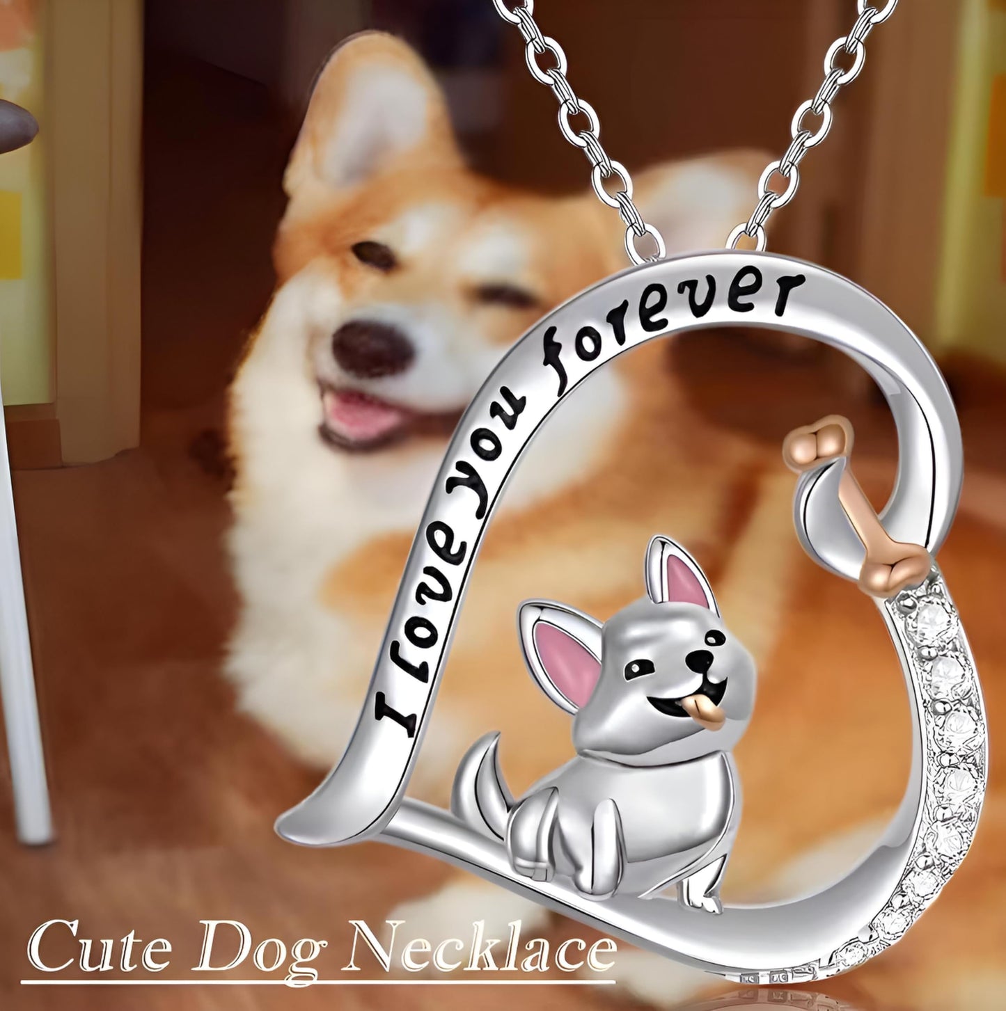Schnauzer, French Bulldog, Boxer, Dog Heart Pendant Necklace, Stainless Steel, Crystal Accent, I Love You Forever, 19.7 inch Chain