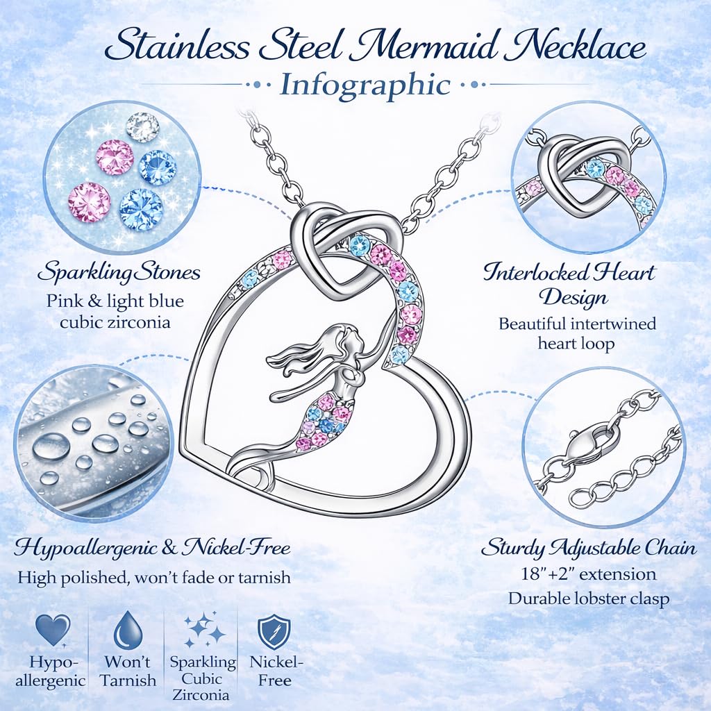 SUPAC Heart of the Sea Mermaid Pendant Necklace, Starfish and Blue Fin - with Multiple Colors