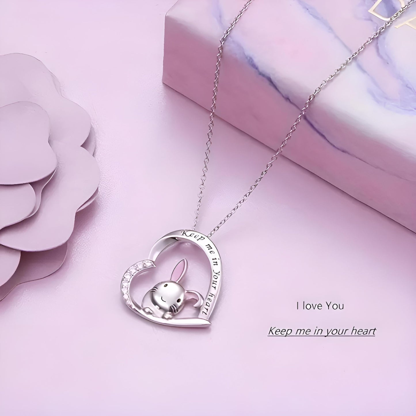 SUPAC Pair of Bunnies & Heart Pendant Necklace Always in My Heart - White Golden Plated Alloy with Resin Accents, Birthday or Friendship Gift, 3+ Options