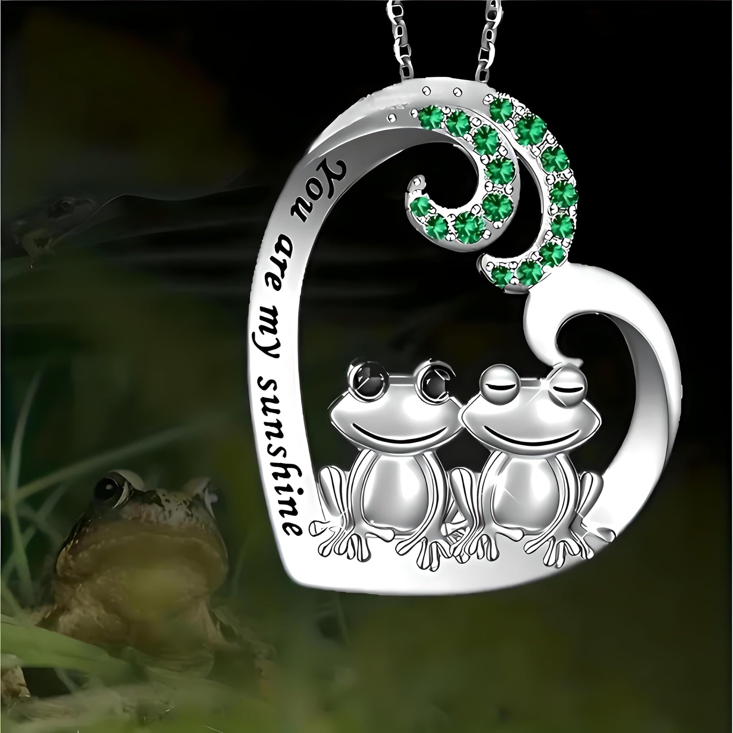 Cute Frog Couple Heart Pendant Necklace, Stainless Steel Chain 19.7 inch, Crystal Accent - Engraved 'You are my sunshine'