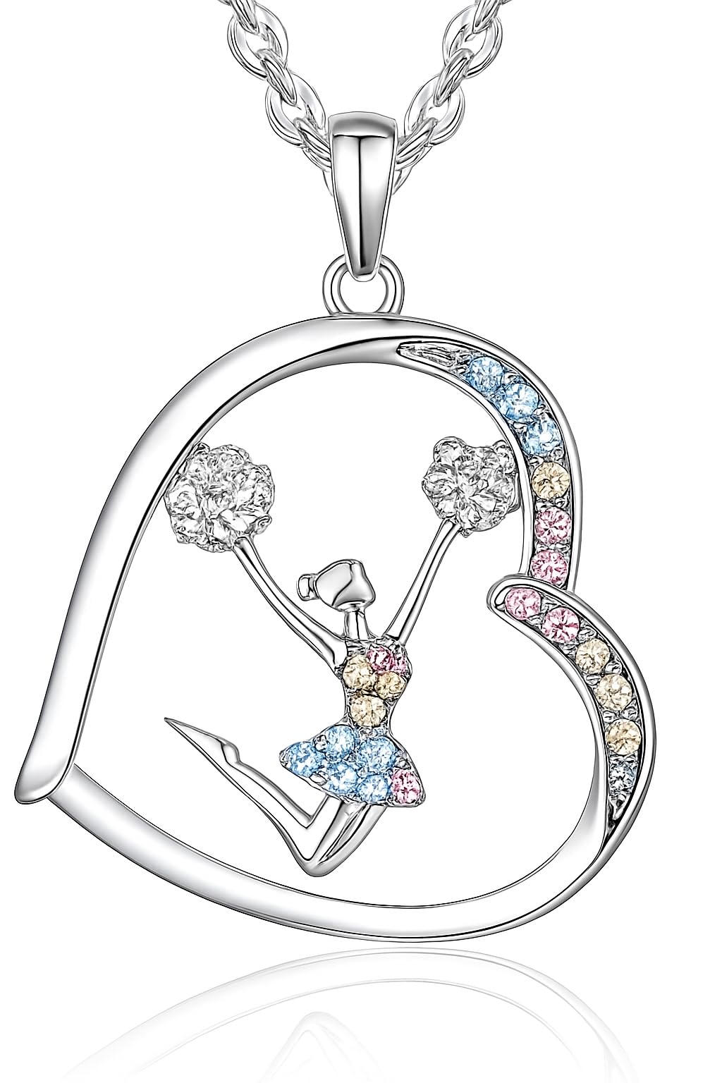 Sports Heart Necklace, 9 Different Sport Options: Basketball, Jumping Cheerleader, Gymnast, Softball, Volleyball, Ballet Ballerina, Runner, Sports Accessories Birthday Gift- Simulated Rainbow Diamonds, Christmas, Birthday or Party Gift