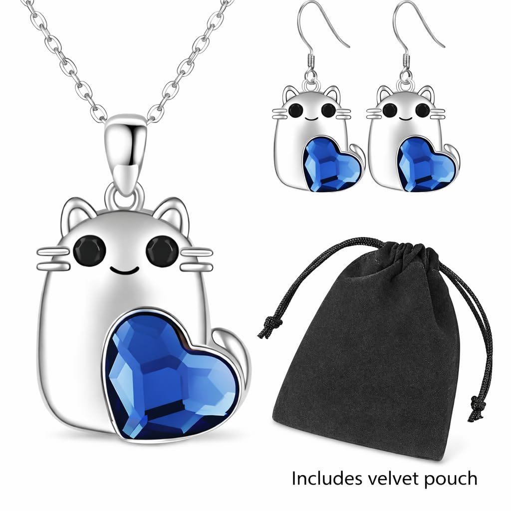 SUPAC Cute Cat Blue Crystal Heart Jewelry Set, Stainless Steel Necklace, Earrings and Bracelet, Hypoallergenic