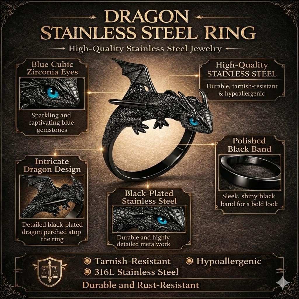 SUPAC Whimsical Silver Flying Dragon Ring - Unique Animal Shape Design, Adjustable Index Finger Ring for Men or Women, Cute Personality Statement Jewelry, Niche Fashion Accessory