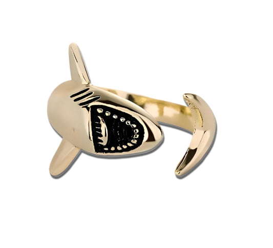 Sterling Silver Great White and Hammerhead Shark Adjustable Ring with Black Cubic Zirconia Accents