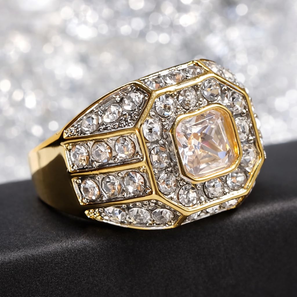 SUPAC Men's Party Ring with Rhinestone Gems: Alloy-crafted, Silver-Plated for Exquisite Shine - the Ideal Hip-Hop Style Accessory for Social Events & Daily Wear (8), Gold
