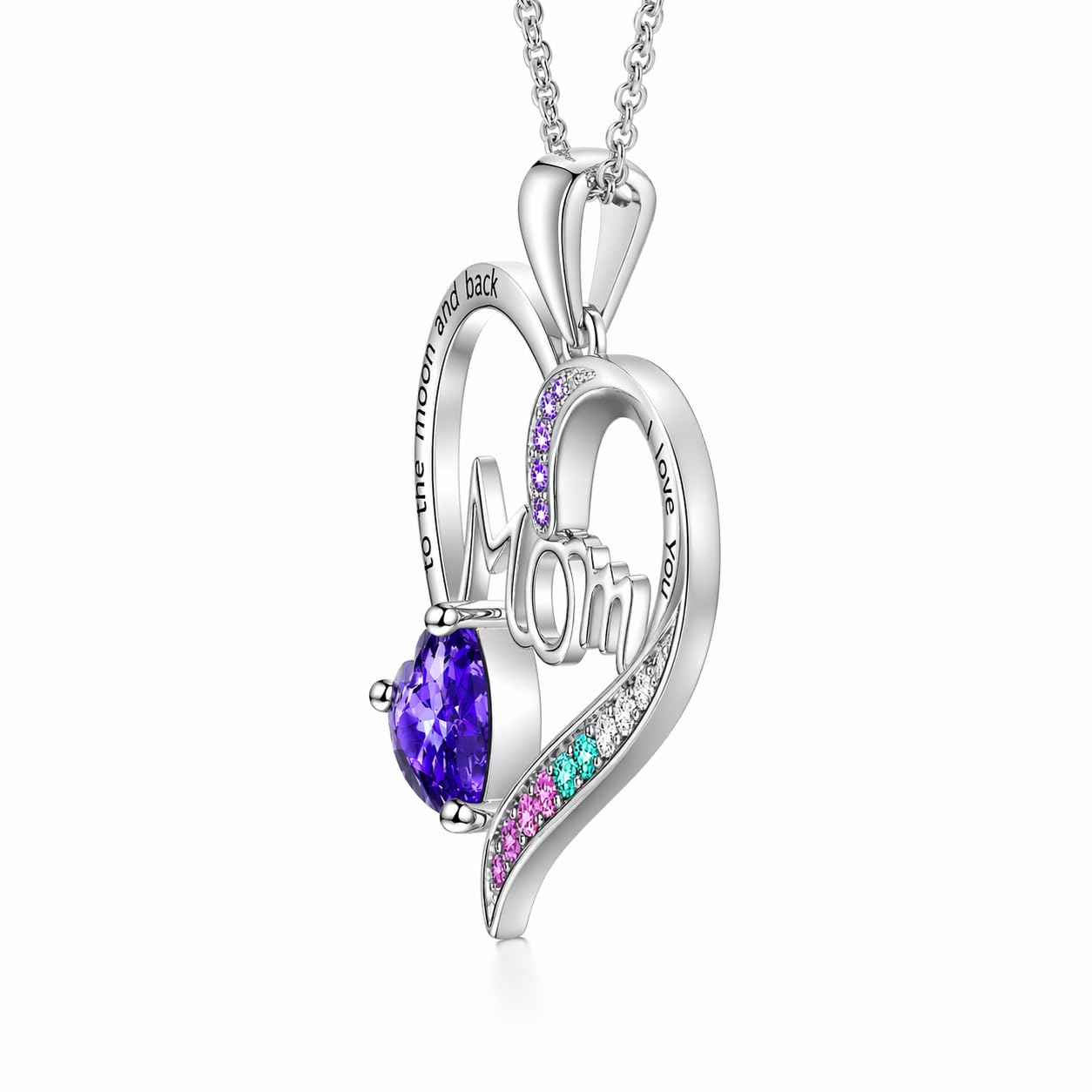 SUPAC Heart Mom Necklace, Sterling Silver Crystal Pendant with Pink Heart Stone, I Love You to the Moon and Back - Mother's Day Gift