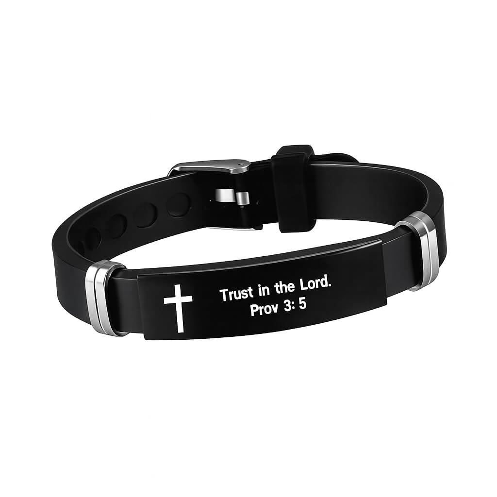 Christian Cross Bracelet with Proverbs 3:5, Phillipians 4:13, Matthew 19:26, Isaiah 41:10, Luke 1:37, Matthew 28:20 Scripture, Black Silicone Adjustable Watch Band, 9.05 inch Length