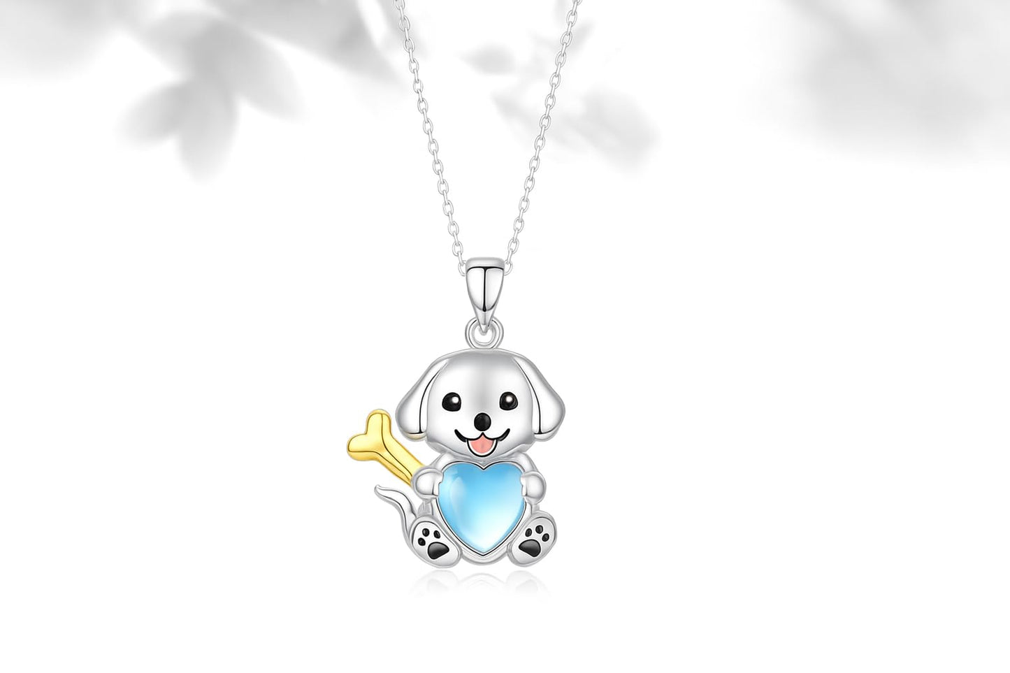 SUPAC Cute Puppy Pendant Necklace with Blue Heart and Gold Bone, 17.7 inch Chain, Silver