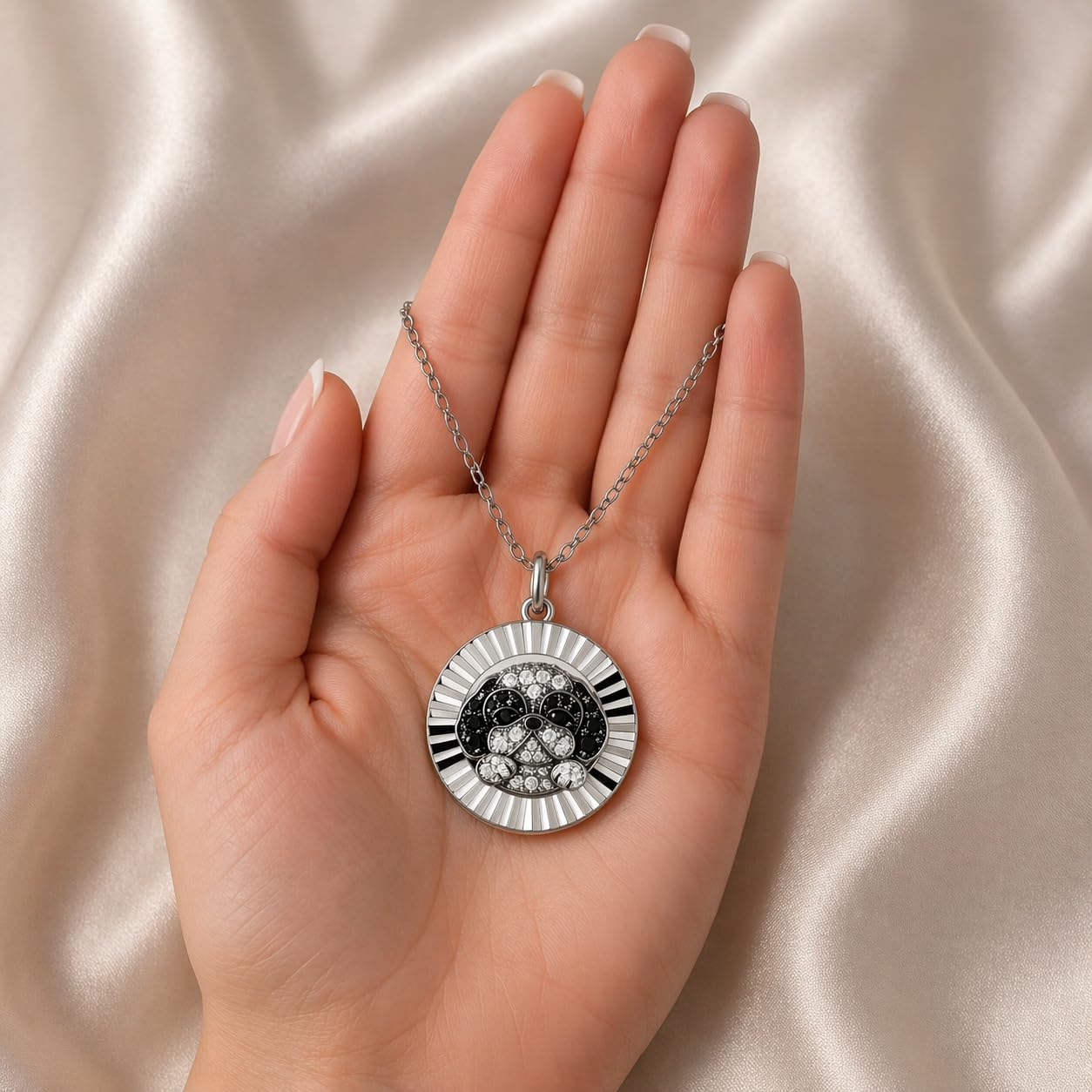 SUPAC Shih Tzu Pendant Necklace, Stainless Steel with Silver Plating, Round Coin Charm, Crystal Accents, Dog Lover Gift
