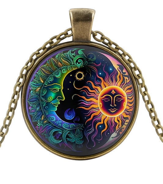 Celestial Sun and Moon Pendant Necklace, 17.7 inch Chain, Colorful Mystical Design (Bronze Chain)