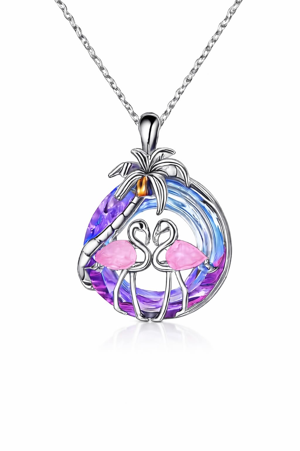 SUPAC Tropical Flamingo Jewelry Set with Necklace, Bracelet, Earrings and Keychain, Pink and Purple Crystal Beach Design, Silver