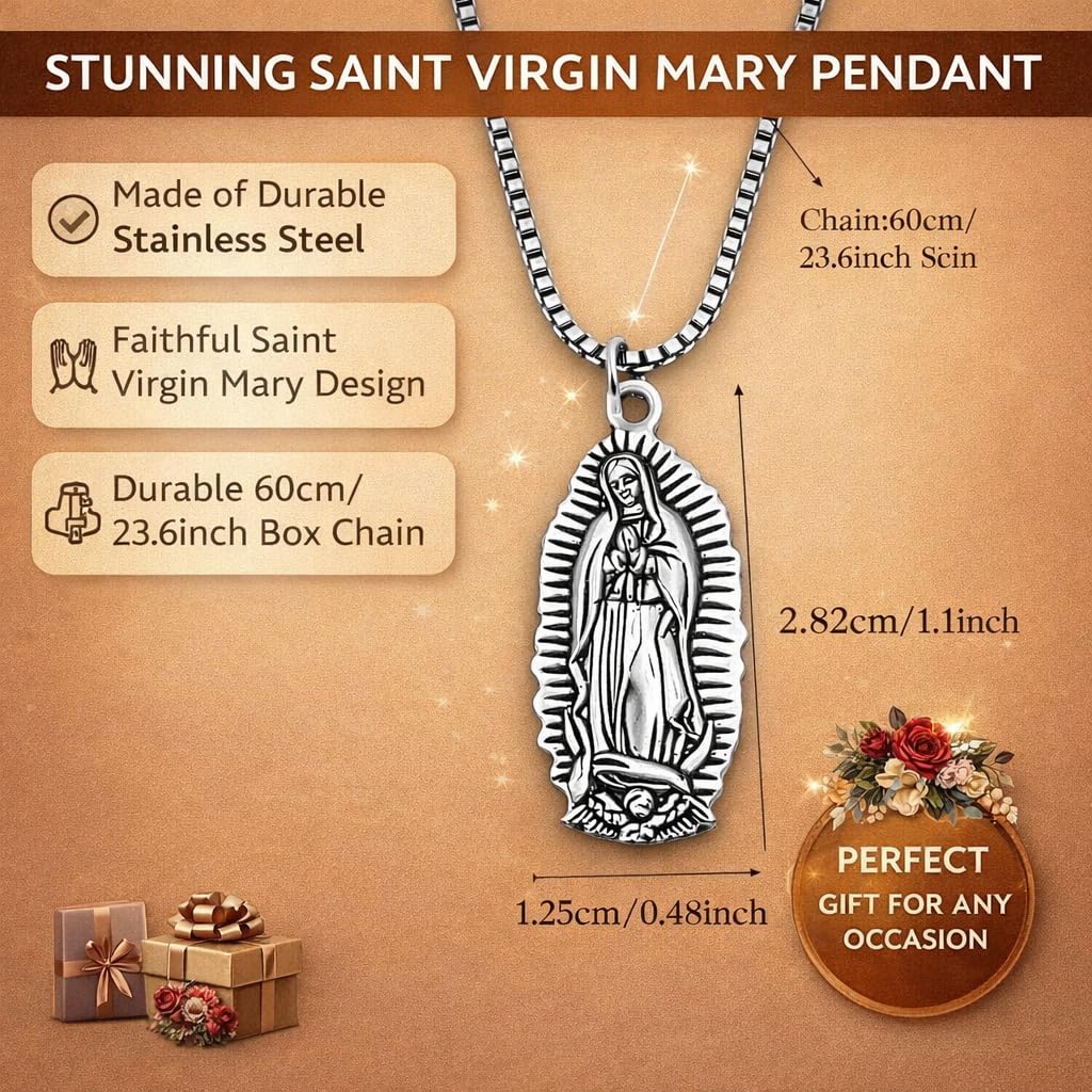 SUPAC Silver Virgin Mary Our Lady of Guadalupe Pendant Necklace, Perfectly Suited for Men and Women, Infusing Style with Spiritual Splendor - Stainless Steel Chain - Christmas or Birthday Gift