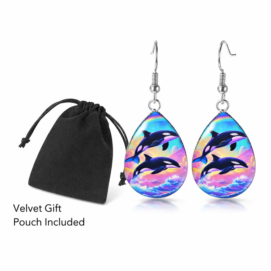Rainbow Orca Teardrop Dangle Earrings, Colorful Killer Whale Design, Glass Covered, Hypoallergenic Stainless Steel Hooks, 1.77 Inch