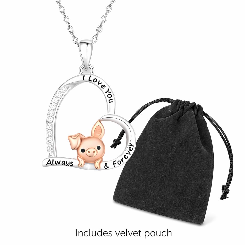 SUPAC Crystal Heart Pendant Necklace with Rose Gold Pig Design, Stainless Steel Chain, I Love You Always & Forever Message, CZ Diamonds, 17.5 Inch
