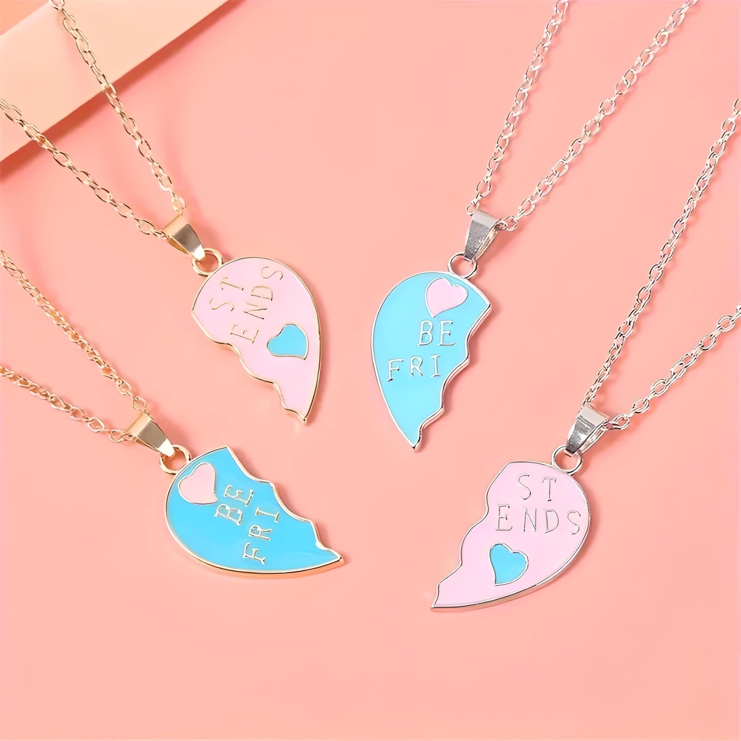 Best Friends Split Heart Pendant Necklaces, Pink and Blue Enamel, 2 Piece Set Gold or Silver Options - Gift for Best Friends