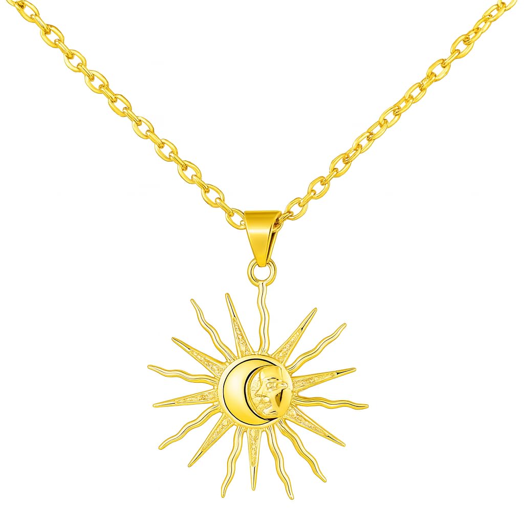 Sun and Moon Celestial Pendant Necklace, 18 Inch Gold Chain, 1.18 Inch Charm