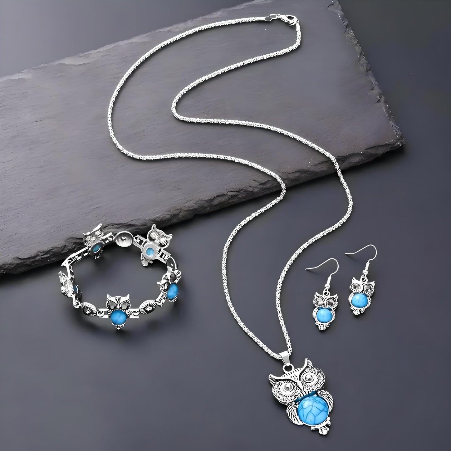 Vintage Owl Jewelry Set with Turquoise Stones, Silver-Tone Necklace, Bracelet and Earrings, 27.5 inch Chain