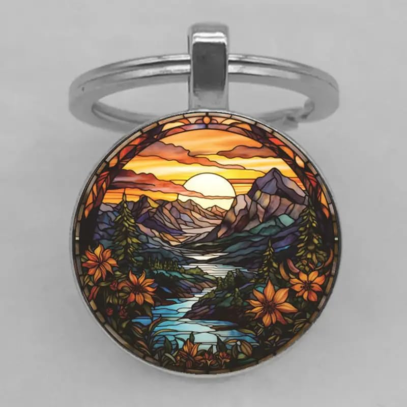 Mountain Sunset Stained Glass Art Keychain, Nature Scene Design, Round Pendant (Flowing River)