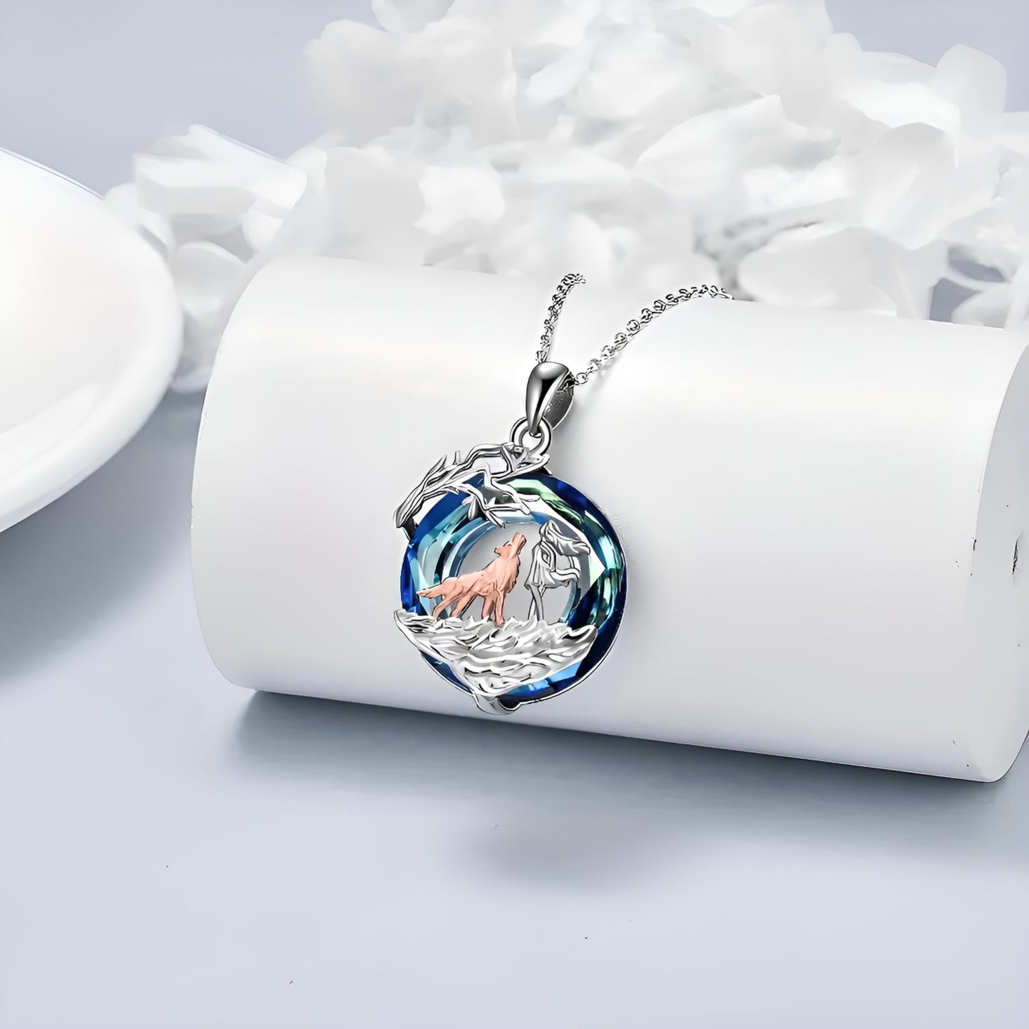 SUPAC Wolf Winter Scene Pendant Necklace, Blue Crystal, Stainless Steel Chain, 1.25 inch