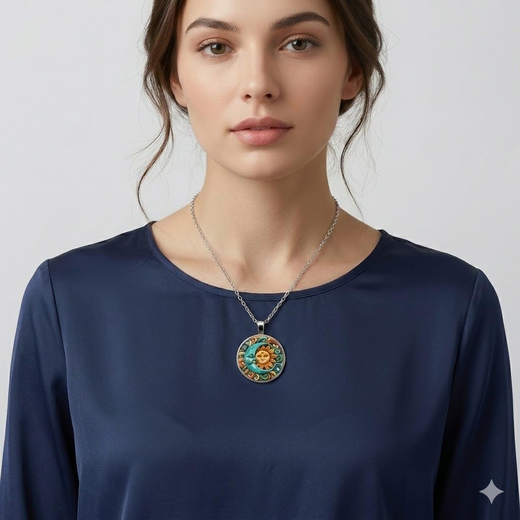 1pc Stunning Round Pendant Necklace - Unique Sun & Moon Pattern, Oil Painting Style Glass Mosaic, Alloy Construction, Trendy Sweater Chain, Fashionable Gift for Women - Christmas or Birthday Gift