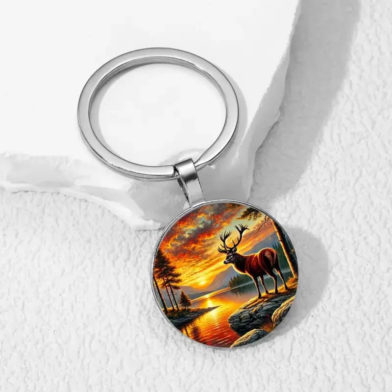 Mountain Sunset Stained Glass Art Keychain, Nature Scene Design, Round Pendant (Rustic Deer & Sunset)