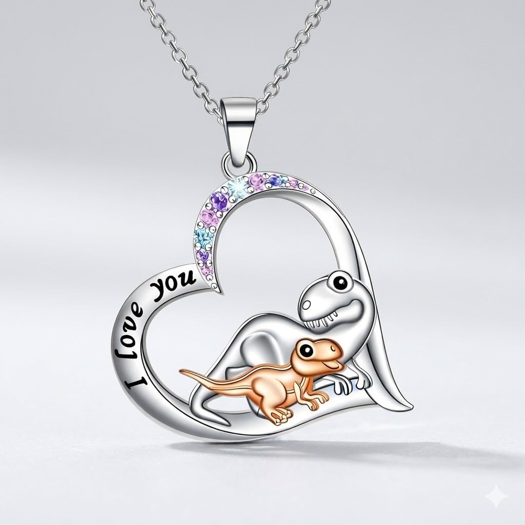 SUPAC Cute Cartoon Dinosaur Heart Pendant Necklace with Rhinestone Accents I Love You, Fashion Jewelry for Daily and Party Wear, Birthday and Christmas Gift