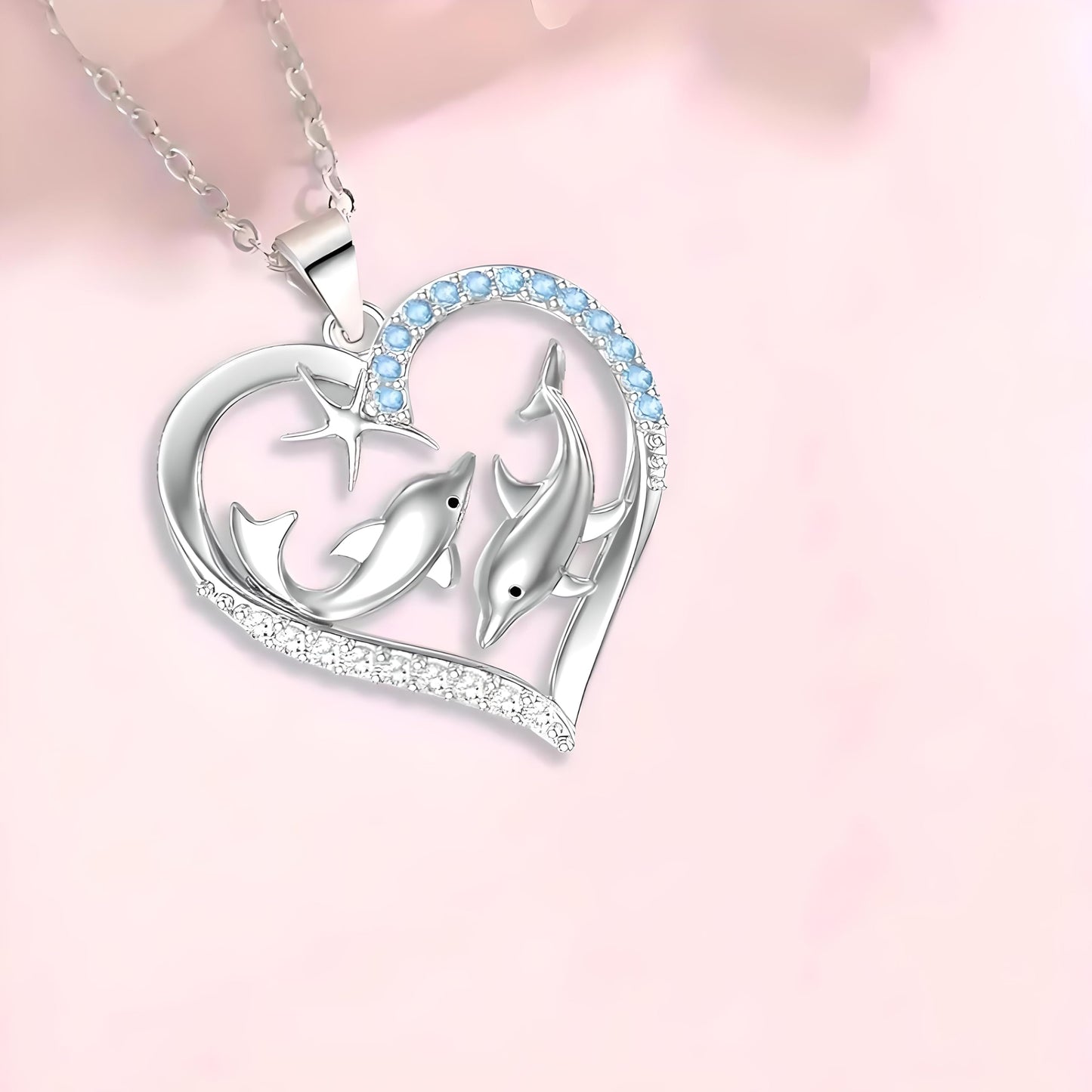 Sterling Silver Double Dolphin Pendant Necklace with Blue Crystal Hearts, Ocean Theme Jewelry