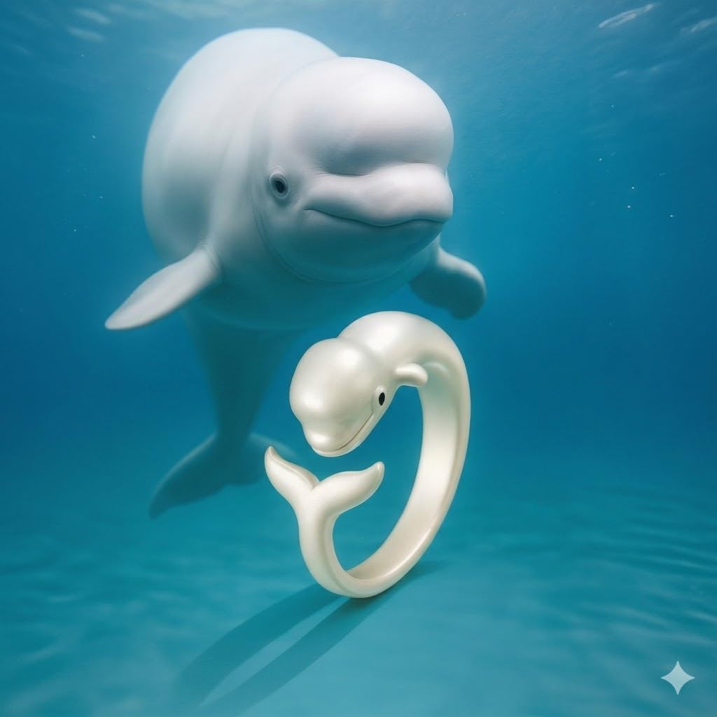 SUPAC Stainless Steel Beluga Whale Ring with Blue Crystal Eye, Ocean Theme Marine Life Jewelry - Beluga Gift