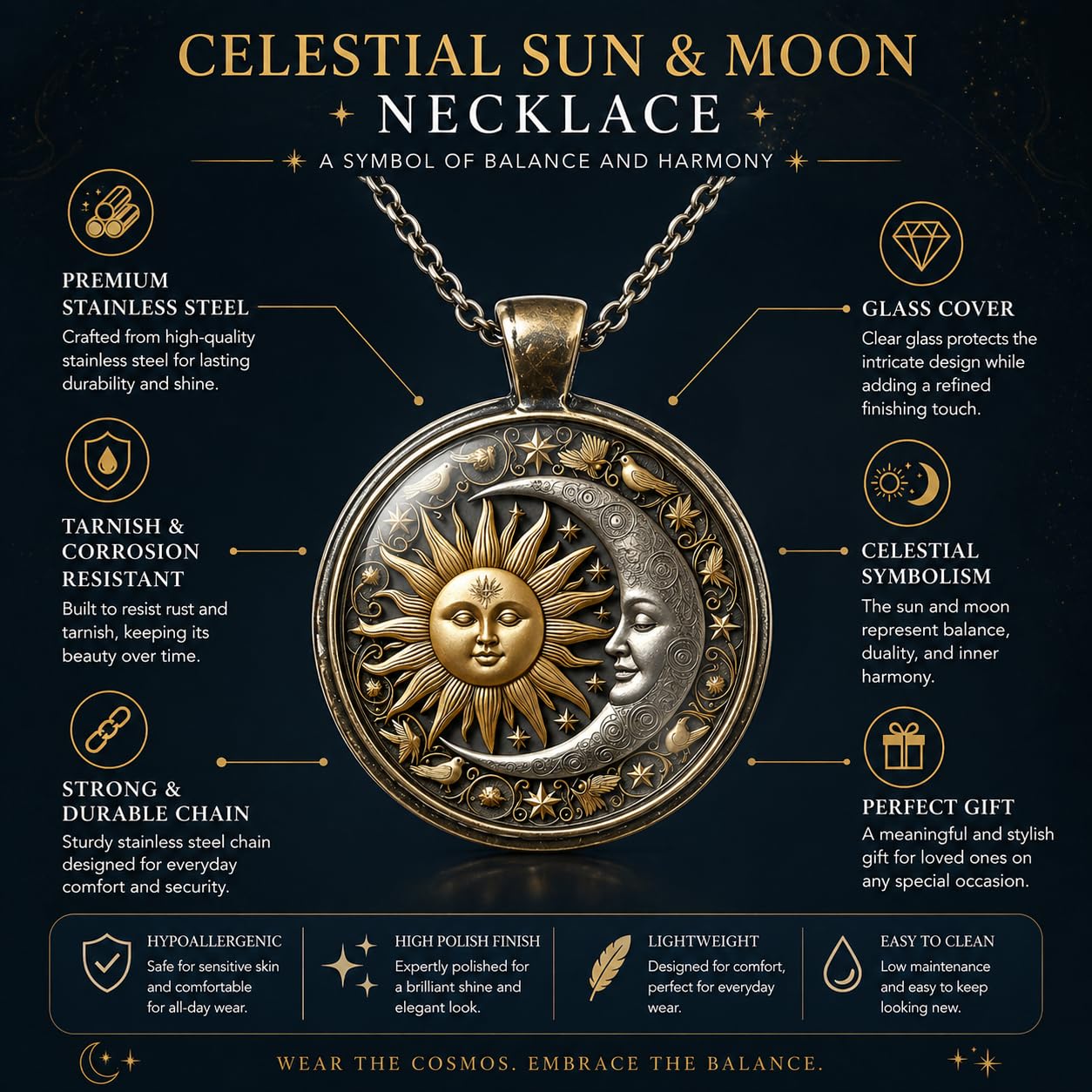 1pc Stunning Round Pendant Necklace - Unique Sun & Moon Pattern, Oil Painting Style Glass Mosaic, Alloy Construction, Trendy Sweater Chain, Fashionable Gift for Women - Christmas or Birthday Gift