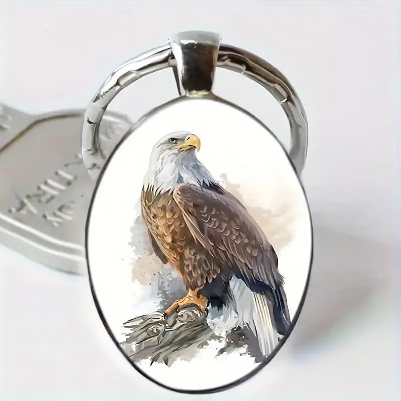 Mountain Sunset Stained Glass Art Keychain, Nature Scene Design, Round Pendant (Bald Eagle)