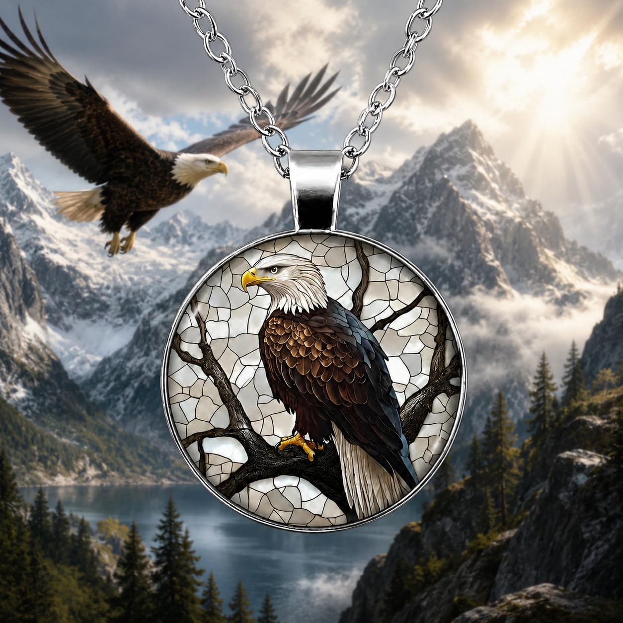SUPAC Bald Eagle Glass Pendant Necklace, 1.38 inch Oval Medallion, 17.7 inch Chain - Eagle Necklace Gift