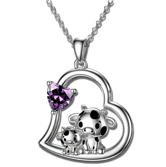 Blue Heart Shaped Mother and her Calf Cow Pendant Necklace for Women - Mother's Day Gift, Christmas, or Birthday Gift