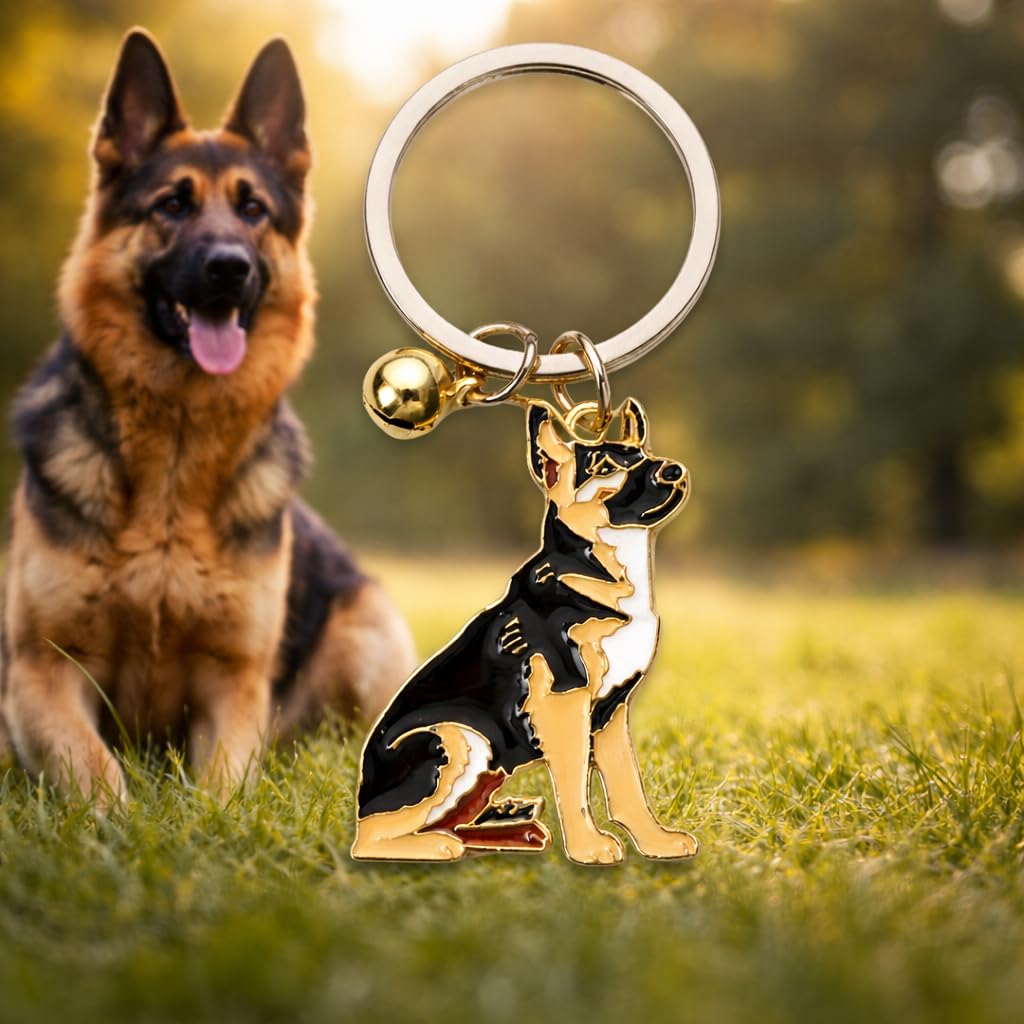 SUPAC Elegant German Shepherd Dog Keychain, Black and Gold Enamel Charm with Bell, Metal Key Ring, 1.5 x 1.09 Inch